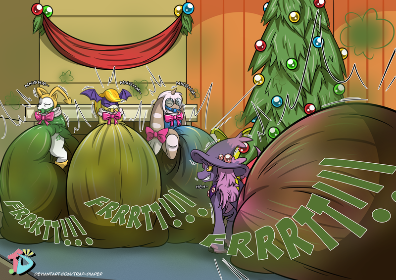 Size: 4092x2893 | Tagged: questionable, alternate version, artist:trap-diaper, derpibooru import, ponified, mismagius, pony, abdl, adult foal, christmas, christmas stocking, christmas tree, diaper, diaper fetish, digimon, eyes closed, fart, fart fetish, fart noise, fetish, fireplace, gift wrapped, grin, holiday, hypermess, indoors, messy diaper, muffled moaning, onomatopoeia, pacifier, pacifier gag, pokémon, poop, poopy diaper, present, smiling, sound effects, tree, unshorn fetlocks, visible stench, wet diaper