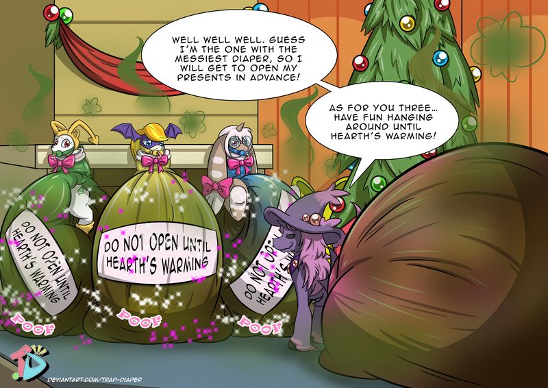 Size: 4092x2893 | Tagged: questionable, alternate version, artist:trap-diaper, derpibooru import, ponified, mismagius, pony, abdl, adult foal, christmas, christmas stocking, christmas tree, diaper, diaper fetish, digimon, eyes closed, fetish, fireplace, gift wrapped, holiday, hypermess, indoors, messy diaper, onomatopoeia, pacifier, pacifier gag, pokémon, poop, poopy diaper, smiling, talking, tree, unshorn fetlocks, visible stench, wet diaper