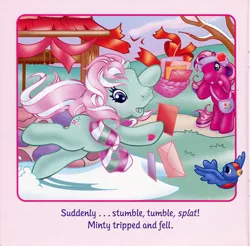 Size: 700x690 | Tagged: safe, artist:lyn fletcher, derpibooru import, cherry blossom (g3), minty, bird, bluebird, pony, bag, basket, card, clothes, envelope, flying, g3, headband, letter, oh minty minty minty, scarf, shocked, snow, streamers, string, tree, tripping, valentine's day up up and away, well