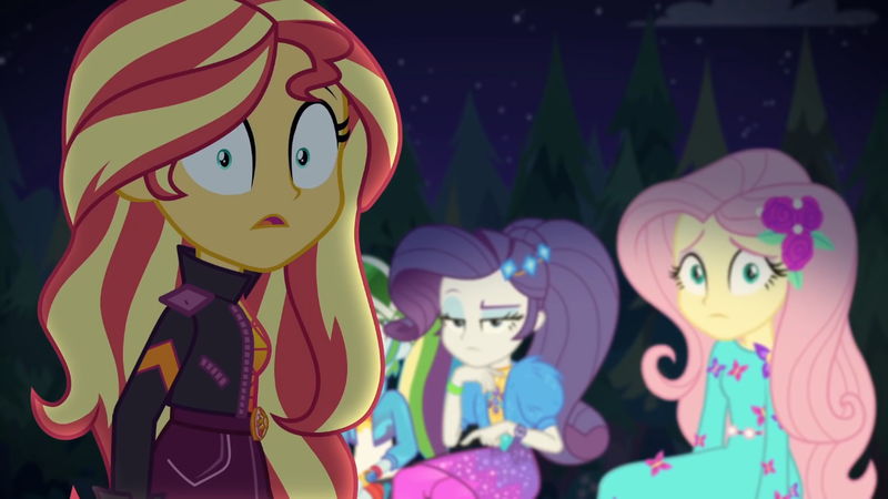 Size: 1334x750 | Tagged: safe, derpibooru import, screencap, fluttershy, rainbow dash, rarity, sunset shimmer, equestria girls, equestria girls series, sunset's backstage pass!, spoiler:eqg series (season 2), backstage pass, female, image, logo, png, shrunken pupils, what am i even looking at, wide eyes