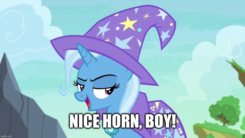 Size: 1280x720 | Tagged: suggestive, derpibooru import, edit, edited screencap, screencap, trixie, to change a changeling, implied horn penetration, implied straight, text