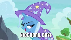 Size: 1280x720 | Tagged: suggestive, derpibooru import, edit, edited screencap, screencap, trixie, to change a changeling, implied horn penetration, implied straight, text