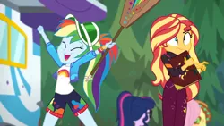 Size: 1334x750 | Tagged: safe, derpibooru import, screencap, applejack, fluttershy, rainbow dash, sci-twi, sunset shimmer, twilight sparkle, equestria girls, equestria girls series, sunset's backstage pass!, spoiler:eqg series (season 2), book, duo focus, paddle, shocked