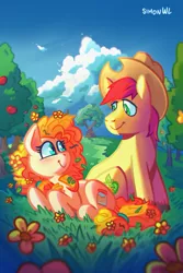 Size: 723x1080 | Tagged: safe, artist:simondrawsstuff, derpibooru import, bright mac, pear butter, earth pony, pony, apple, apple tree, brightbutter, female, flower, food, intertwined tails, looking at you, male, mare, pear tree, shipping, sitting, smiling, stallion, straight, tail, tree