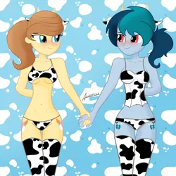 Size: 4032x4032 | Tagged: suggestive, artist:archooves, derpibooru import, oc, oc:cream heart, oc:delta vee, cow, human, equestria girls, belly button, breasts, clothes, cow girl, cowprint, cutie mark on human, deltacream, female, holding hands, lesbian, lingerie, sexy, shipping, socks, stockings, thigh highs, young, younger