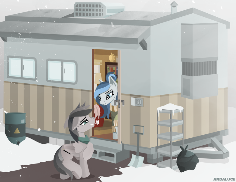 Size: 2889x2233 | Tagged: safe, artist:andaluce, derpibooru import, oc, oc:haze northfleet, oc:star chaser, unofficial characters only, pegasus, pony, cabin, clothes, lineless, scenery, snow, snowfall, winter