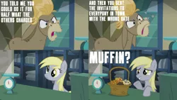 Size: 2000x1125 | Tagged: safe, derpibooru import, edit, edited screencap, editor:quoterific, screencap, cranky doodle donkey, derpy hooves, donkey, slice of life (episode), food, muffin