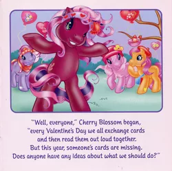 Size: 700x696 | Tagged: safe, artist:lyn fletcher, derpibooru import, cherry blossom (g3), pinkie pie (g3), sparkleworks, twinkle twirl, pony, bag, balloon, basket, card, clothes, envelope, flower in hat, g3, hat, headband, letter, scarf, tree, valentine's day up up and away