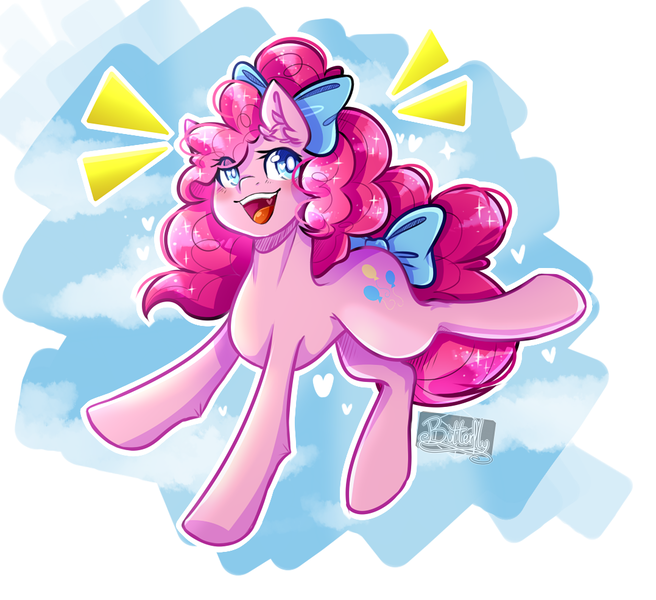 Size: 1077x985 | Tagged: safe, artist:lisagamer456, derpibooru import, pinkie pie, earth pony, pony, alternate hairstyle, bow, cloud, colored pupils, cute, diapinkes, ear fluff, female, hair bow, heart, heart eyes, mare, open mouth, sky, solo, tail bow, wingding eyes