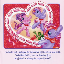 Size: 700x696 | Tagged: safe, artist:lyn fletcher, derpibooru import, skywishes, twinkle twirl, pony, ballerinas, ballet, bow, clothes, dancing, flower, g3, hair bun, headband, heart, ponytail, ribbon, rose, scarf, smiling, stars, tutu, valentine's day up up and away