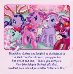 Size: 700x711 | Tagged: safe, artist:heckyeahponyscans, artist:lyn fletcher, derpibooru import, cherry blossom (g3), kimono, minty, skywishes, wysteria, bandana, banner, clothes, g3, handwritten text, hat, headband, scarf, smiling, snow, tree, valentine's day up up and away