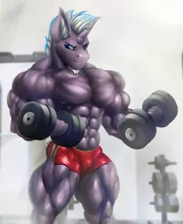 Size: 2250x2750 | Tagged: suggestive, artist:rizzyofen, derpibooru import, oc, anthro, pony, unicorn, abs, barbell, beard, biceps, bodybuilder, clothes, dumbbell (object), facial hair, fetish, horn, male, muscle fetish, muscles, muscular male, muscular stallion, partial nudity, pecs, shorts, solo, solo male, sports shorts, stallion, topless, unicorn oc, workout