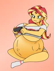 Size: 828x1088 | Tagged: suggestive, artist:funble, artist:pacificside18, derpibooru import, sunset shimmer, equestria girls, angry, belly, belly button, big belly, big breasts, breasts, clothes, controller, cross-popping veins, female, gamer, gamer sunset, huge belly, huge breasts, hyper, hyper belly, hyper pregnancy, impossibly large belly, impossibly large breasts, kicking, outie belly button, panties, pregnant, pregnant equestria girls, shirt, socks, solo, solo female, sunset preggers, sunset shimmer frustrated at game, underwear, upset, wardrobe malfunction