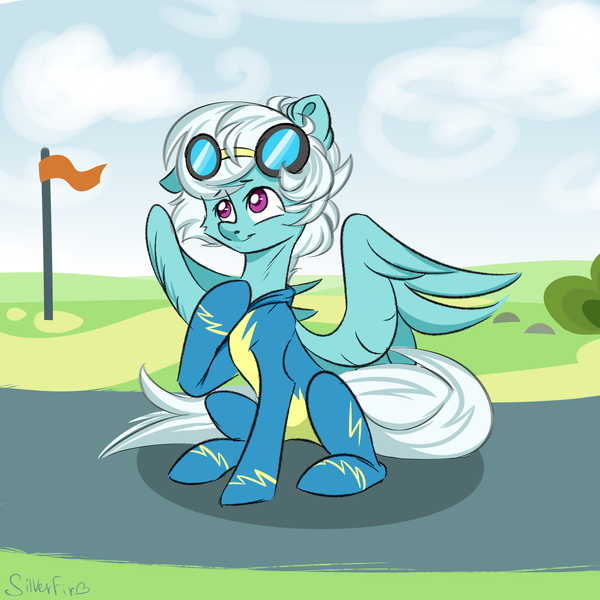 Size: 4000x4000 | Tagged: safe, artist:silverfir, derpibooru import, fleetfoot, pegasus, pony, clothes, cloudsdale, commission, female, flag, goggles, happy, mare, raised hoof, signature, sitting, smiling, solo, spread wings, training, uniform, wings, wonderbolts, wonderbolts uniform
