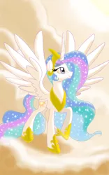 Size: 1200x1920 | Tagged: safe, artist:theroyalprincesses, derpibooru import, princess celestia, alicorn, pony, cloud, crown, ethereal mane, female, hoof shoes, jewelry, mare, on a cloud, raised hoof, regalia, solo, spread wings, wings