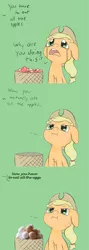 Size: 715x2007 | Tagged: safe, artist:happy harvey, derpibooru import, edit, applejack, earth pony, pony, :i, angry, apple, applejack's hat, basket, chest fluff, cowboy hat, crying, cute, dialogue, egg, floppy ears, food, fuck you i can eat all these apples, glare, green background, hat, jackabetes, looking up, madorable, meme, offscreen character, open mouth, out of character, raised eyebrow, simple background, solo, you have to eat all the eggs