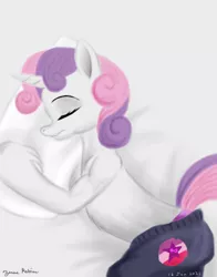 Size: 1100x1400 | Tagged: safe, artist:rockhoppr3, derpibooru import, sweetie belle, anthro, semi-anthro, unicorn, clothes, cutie mark, cutie mark on clothes, eyes closed, lying down, pajamas, panties, pants, partial nudity, pillow, sleeping, solo, topless, underwear, we don't normally wear clothes