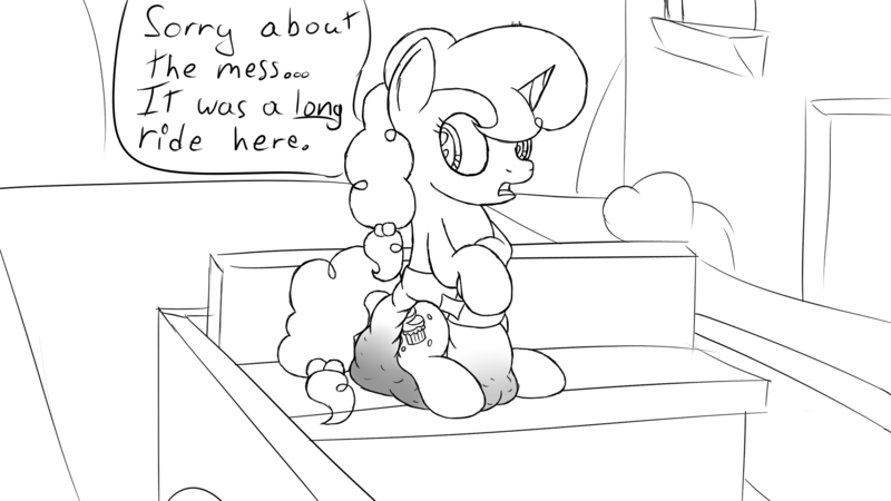 Size: 1920x1080 | Tagged: questionable, artist:spritepony, derpibooru import, sugar belle, pony, unicorn, diaper, diaper fetish, fetish, image, lineart, messy diaper, non-baby in diaper, offscreen character, png, poofy diaper, poop, scat, sitting, sketch, solo, talking, wagon