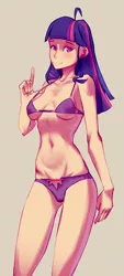 Size: 715x1588 | Tagged: artist:jearz, belly button, bikini, breasts, cameltoe, clothes, derpibooru import, human, humanized, reasonably shaped breasts, solo, suggestive, swimsuit, twilight sparkle
