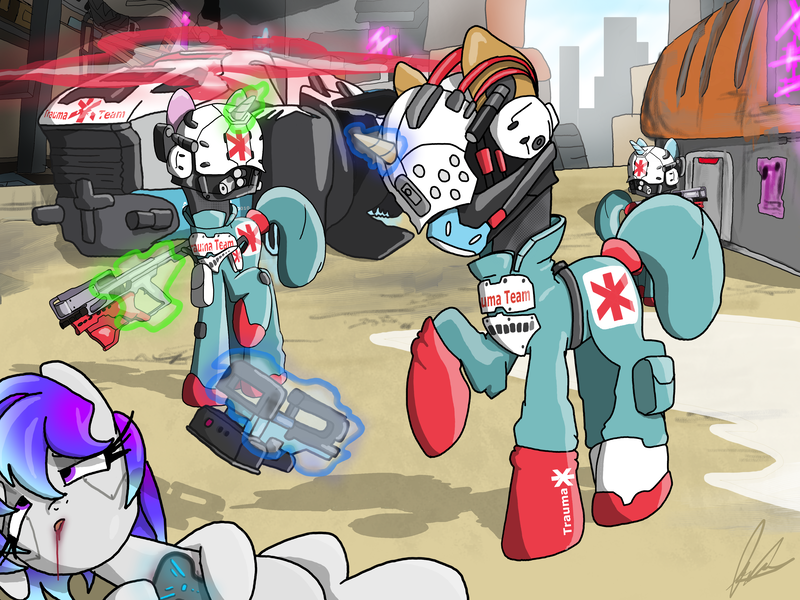 Size: 4000x3000 | Tagged: safe, artist:flaremoon, derpibooru import, oc, unofficial characters only, pony, unicorn, armor, city, clothes, cyberpunk, cyberpunk 2077, first aid, gun, levitation, magic, medical pony, telekinesis, trauma team, weapon