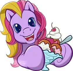 Size: 1814x1746 | Tagged: safe, artist:anscathmarcach, derpibooru import, triple treat, cherry, chocolate syrup, commission, fanart, food, g3, ice cream, simple background, spoon, strawberry, sundae