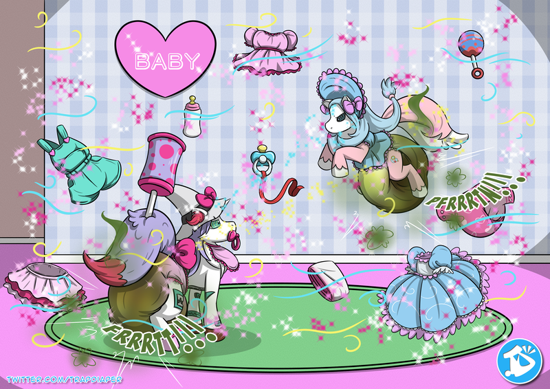 Size: 4092x2893 | Tagged: questionable, alternate version, artist:trap-diaper, derpibooru import, oc, unofficial characters only, earth pony, pony, unicorn, abdl, adult foal, bow, clothes, crossdressing, diaper, diaper fetish, dress, duo, earth pony oc, fart noise, fetish, hair bow, hat, horn, indoors, magic, male, messy diaper, mind control, onomatopoeia, pacifier, poop, poopy diaper, rattle, sound effects, stallion, swirly eyes, telekinesis, unicorn oc, unshorn fetlocks, visible stench, wet diaper, witch hat