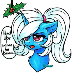 Size: 1741x1763 | Tagged: safe, artist:kruszyna25, derpibooru import, oc, oc:pummela, pony, unicorn, blushing, bust, cute, female, holly, holly mistaken for mistletoe, mare, open mouth, ponytail, speech bubble, traditional art, tsundere