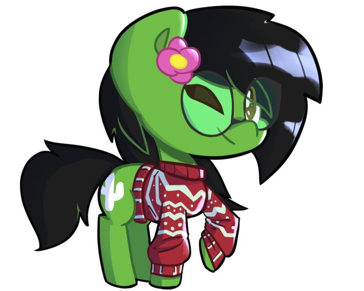 Size: 1000x800 | Tagged: safe, artist:ronin20181, derpibooru import, oc, oc:prickly pears, christmas sweater, clothes, flower, flower in hair, glasses, one eye closed, simple background, solo, sweater, transparent background, wink