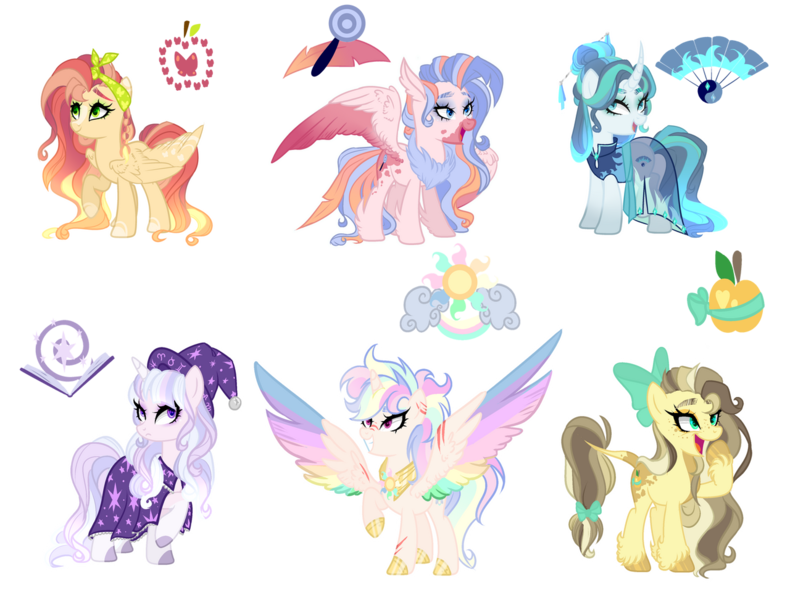 Size: 1280x972 | Tagged: safe, artist:just-silvushka, derpibooru import, oc, unofficial characters only, alicorn, earth pony, hybrid, pegasus, pony, unicorn, bandana, base used, bow, cloak, clothes, colored wings, cutie mark, dress, female, hair bow, hat, interspecies offspring, magical lesbian spawn, mare, multicolored wings, offspring, parent:applejack, parent:big macintosh, parent:caramel, parent:fluttershy, parent:mistmane, parent:pinkie pie, parent:princess celestia, parent:princess skystar, parent:rainbow dash, parent:rarity, parent:star swirl the bearded, parent:twilight sparkle, parents:carajack, parents:dashlestia, parents:fluttermac, parents:rarimane, parents:skypie, parents:twiswirl, peytral, rainbow wings, simple background, spread wings, tail bow, transparent background, unshorn fetlocks, wings, wizard hat, wizard robe