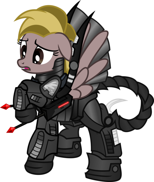 Size: 3015x3563 | Tagged: safe, artist:lincolnbrewsterfan, derpibooru import, oc, oc:spirestone, unofficial characters only, pegasus, pony, fallout equestria, fallout equestria: project horizons, .svg available, armor, base used, black, concerned, dart, dart launcher, enclave, enclave armor, fanfic art, female, insignia, mare, orange (color), pegasus oc, raised hoof, red, scorpion tail, simple background, solo, svg, transparent background, vector, wings
