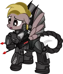 Size: 3015x3563 | Tagged: safe, artist:lincolnbrewsterfan, derpibooru import, oc, oc:spirestone, unofficial characters only, pegasus, pony, fallout equestria, fallout equestria: project horizons, armor, base used, black, concerned, dart, dart launcher, enclave, enclave armor, fanfic art, female, insignia, mare, orange (color), pegasus oc, raised hoof, red, scorpion tail, simple background, solo, svg, .svg available, transparent background, vector, wings
