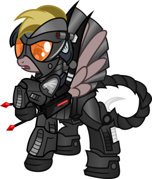 Size: 3015x3563 | Tagged: safe, artist:lincolnbrewsterfan, derpibooru import, oc, oc:spirestone, unofficial characters only, pegasus, pony, fallout equestria, fallout equestria: project horizons, .svg available, armor, base used, black, concerned, dart, dart launcher, enclave, enclave armor, fanfic art, female, insignia, mare, orange (color), pegasus oc, raised hoof, red, scorpion tail, simple background, solo, svg, transparent background, vector, wings