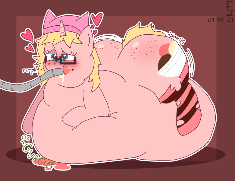 Size: 1936x1489 | Tagged: questionable, artist:icecreamjaxxie, derpibooru import, oc, oc:mille feuille, unofficial characters only, pony, unicorn, belly, belly bed, big belly, blushing, butt, clothes, eating, fat, fat fetish, feeding tube, fetish, food, glasses, hat, heart, huge belly, ice cream, immobile, impossibly large belly, large butt, messy eating, morbidly obese, obese, plot, socks, solo, squishy belly, stomach noise, stretched cutie mark, striped socks, the ass was fat, torn clothes
