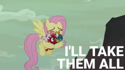 Size: 1920x1080 | Tagged: safe, derpibooru import, edit, edited screencap, editor:quoterific, screencap, baby cinder, baby rubble, baby sparks, fluttershy, dragon, pegasus, pony, sweet and smoky, baby, baby dragon, eyes closed, female, flying, hug, male