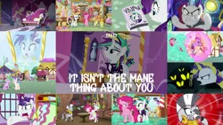 Size: 1978x1113 | Tagged: safe, derpibooru import, edit, edited screencap, editor:quoterific, screencap, applejack, derpy hooves, fluttershy, goldengrape, pinkie pie, pound cake, pumpkin cake, rainbow dash, rarity, sir colton vines iii, twilight sparkle, twilight sparkle (alicorn), zecora, alicorn, earth pony, pegasus, pony, unicorn, zebra, it isn't the mane thing about you, alternate hairstyle, angry, applejack's hat, baby, baby pony, bald, bipedal, cowboy hat, fainting couch, flying, food, glowing horn, gritted teeth, group hug, hat, horn, hug, ice cream, magic, magic aura, mane six, messy mane, no mane, open mouth, punk, raripunk, screaming, shocked