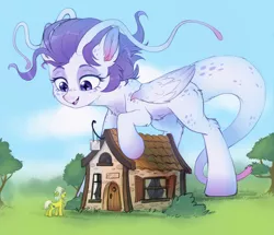 Size: 5196x4474 | Tagged: safe, artist:ls_skylight, derpibooru import, oc, oc:lightning star, oc:wintry, dracony, dragon, earth pony, hybrid, pony, caption, giant dracony/hybrid pony, giant pony, house, image macro, macro, macro/micro, pony dragon hybrid, size difference, sketch, text