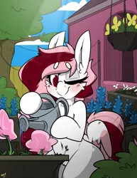 Size: 2550x3300 | Tagged: safe, artist:bbsartboutique, derpibooru import, bluebonnet, daisy, flower wishes, oc, oc:toricelli, pegasus, pony, barn, blushing, cheek fluff, chest fluff, clothes line, complex background, fluffy, foliage, one eye closed, pegasus oc, shading, solo, tree, tulip, watering can, wings