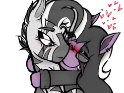 Size: 1152x864 | Tagged: safe, artist:dsstoner, derpibooru import, oc, bat pony, pony, zebra, blushing, cuddling, female, heart, hug, long mane, male, mare, ponysona, smiling, stallion