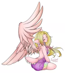 Size: 2088x2316 | Tagged: safe, artist:tawnysweetarts, derpibooru import, oc, oc:mio, unofficial characters only, anthro, pegasus, backless, clothes, deer tail, eyes closed, female, freckles, human facial structure, large wings, open-back sweater, shoulder freckles, simple background, sleeveless, sleeveless sweater, solo, spread wings, sweater, virgin killer sweater, white background, wings