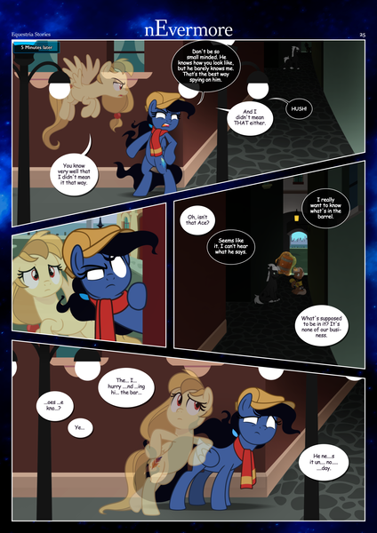 Size: 3259x4607 | Tagged: safe, artist:estories, derpibooru import, oc, oc:ace, oc:alice goldenfeather, oc:möbius, oc:penumbra, unofficial characters only, pegasus, pony, unicorn, comic:nevermore, alleyway, barrel, bipedal, bipedal leaning, comic, dialogue, duo, duo female, female, horn, leaning, male, manehattan, mare, open mouth, pegasus oc, speech bubble, spying, stallion, unicorn oc, wings