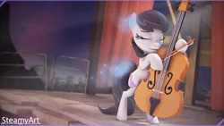 Size: 3840x2160 | Tagged: safe, artist:phenioxflame, derpibooru import, octavia melody, earth pony, pony, fallout equestria, 3d, bipedal, bow (instrument), cello, cello bow, curtain, eyes closed, female, fence, hoof hold, mare, musical instrument, playing instrument, recursive fanart, remake, sfm pony, sky, solo, source filmmaker