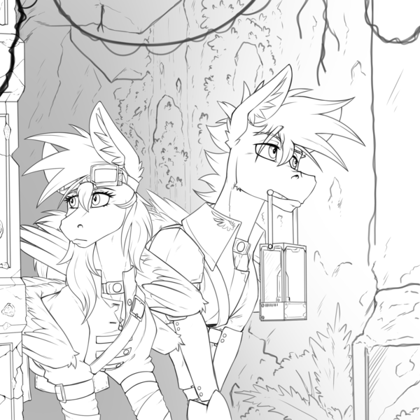 Size: 2000x2000 | Tagged: safe, artist:twotail813, derpibooru import, oc, oc:gear, oc:twotail, unofficial characters only, pegasus, black and white, brother and sister, cave, clothes, female, grayscale, male, monochrome, siblings, wings