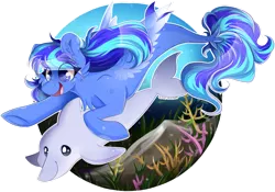 Size: 1280x897 | Tagged: safe, artist:woonborg, derpibooru import, oc, unofficial characters only, dolphin, seapony (g4), blue eyes, bubble, chest fluff, commission, coral, coral reef, ear fluff, eyelashes, fin wings, fish tail, flowing mane, ocean, open mouth, smiling, solo, swimming, tail, underwater, water, wings