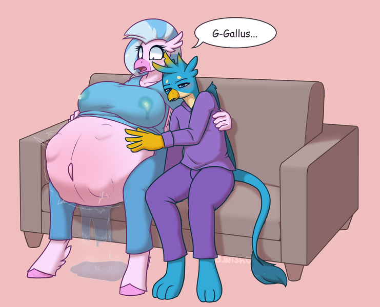 Size: 1847x1496 | Tagged: questionable, artist:puetsua, derpibooru import, gallus, silverstream, anthro, avian, digitigrade anthro, gryphon, hippogriff, unguligrade anthro, amniotic fluid, bedroom eyes, belly, belly button, big belly, big breasts, birth, blushing, breast milk, breasts, busty silverstream, clothes, couch, couple, embrace, eyebrows, eyelashes, female, gallstream, hair, huge belly, hyper, hyper belly, hyper pregnancy, impossibly large belly, kicking, labor, lactation, looking down, male, milk, nervous, outie belly button, pajamas, pregnant, purple eyes, shadow, shipping, simple background, sitting, speech bubble, straight, tail, text, waking up, waterbreak, watermark, wide eyes, wings, worried