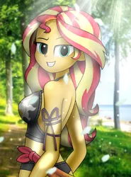 Size: 2000x2700 | Tagged: safe, artist:aryatheeditor, derpibooru import, sunset shimmer, equestria girls, ass, bare shoulders, bedroom eyes, bikini, black swimsuit, breasts, bunset shimmer, busty sunset shimmer, butt, cleavage, clothes, crepuscular rays, cutie mark, cutie mark on clothes, cutie mark swimsuit, female, image, jeweled swimsuit, jpeg, lidded eyes, looking at you, looking back, looking back at you, looking over shoulder, pose, raised eyebrow, real life background, ribbon, sarong, see-through, sleeveless, solo, stupid sexy sunset shimmer, summer sunset, sunset shimmer swimsuit, sunset shimmer's beach shorts swimsuit, swimsuit, tree