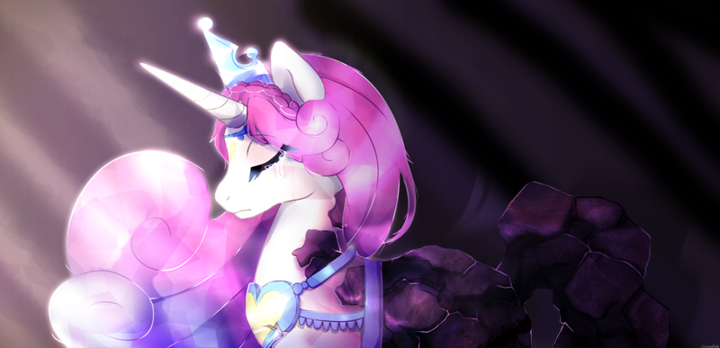 Size: 1496x723 | Tagged: safe, artist:micealbinoska, derpibooru import, idw, princess amore, pony, unicorn, crown, crying, curly mane, eyelashes, eyes closed, female, horn, jewelry, looking down, necklace, petrification, regalia, solo, teary eyes