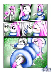 Size: 1240x1754 | Tagged: artist:linasnake, blushing, coiling, coils, comic, derpibooru import, eyes closed, kissing, lamia, oc, original species, pegasus, snake, snake pony, suggestive, unofficial characters only, wings