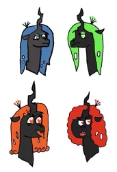 Size: 437x639 | Tagged: safe, artist:whistle blossom, deleted from derpibooru, derpibooru import, queen chrysalis, changeling queen oc, oc, oc:queen anthill, oc:queen beehive, oc:queen milkweed, changeling, changeling queen, pony, changeling oc, female, green changeling, mare, orange changeling, red changeling, siblings, simple background, sisters, white background