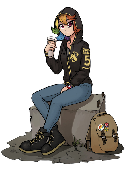 Size: 900x1200 | Tagged: safe, artist:asimos, derpibooru import, rainbow dash, human, bag, beverage, block, boots, clothes, cup, female, hoodie, humanized, pants, shoes, simple background, sitting, solo, white background