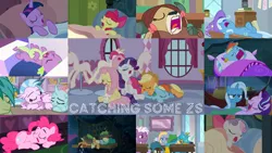 Size: 1974x1111 | Tagged: safe, derpibooru import, edit, edited screencap, editor:quoterific, screencap, angel bunny, apple bloom, applejack, fluttershy, gallus, goldy wings, lilac swoop, loganberry, ocellus, pinkie pie, rainbow dash, rarity, sandbar, silverstream, spike, starlight glimmer, sweetie belle, trixie, twilight sparkle, twilight sparkle (alicorn), yona, alicorn, changeling, dragon, earth pony, gryphon, hippogriff, pegasus, pony, unicorn, yak, a horse shoe-in, bloom and gloom, going to seed, mmmystery on the friendship express, princess spike (episode), road to friendship, she's all yak, sleepless in ponyville, somepony to watch over me, what lies beneath, applejack's hat, blanket, bow, clothes, cowboy hat, cuddle puddle, cuddling, ear plugs, eyes closed, female, filly, friendship student, hat, mane five, mane six, open mouth, pillow, pony pile, sleeping, tired eyes, trixie is not amused, trixie's hat, unamused